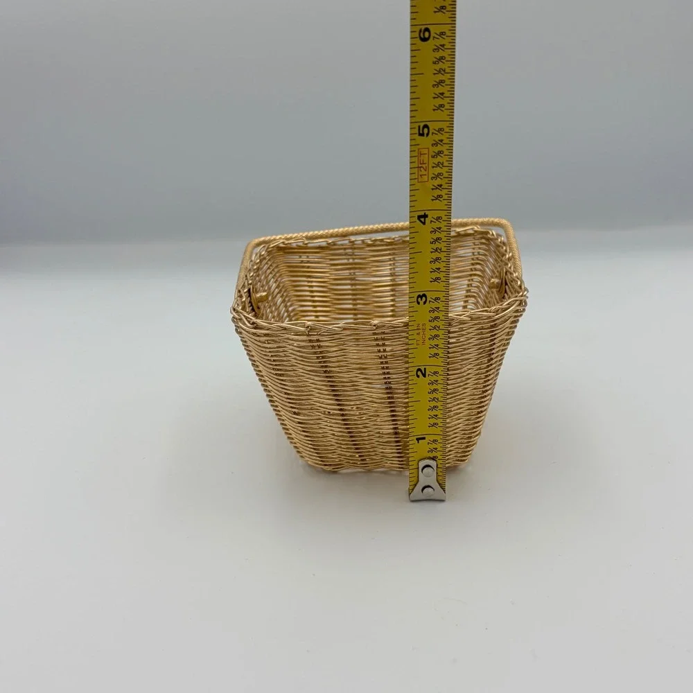 Gold Wire‎ Woven Square Basket With Handle Trinket Candy Storage Organizer